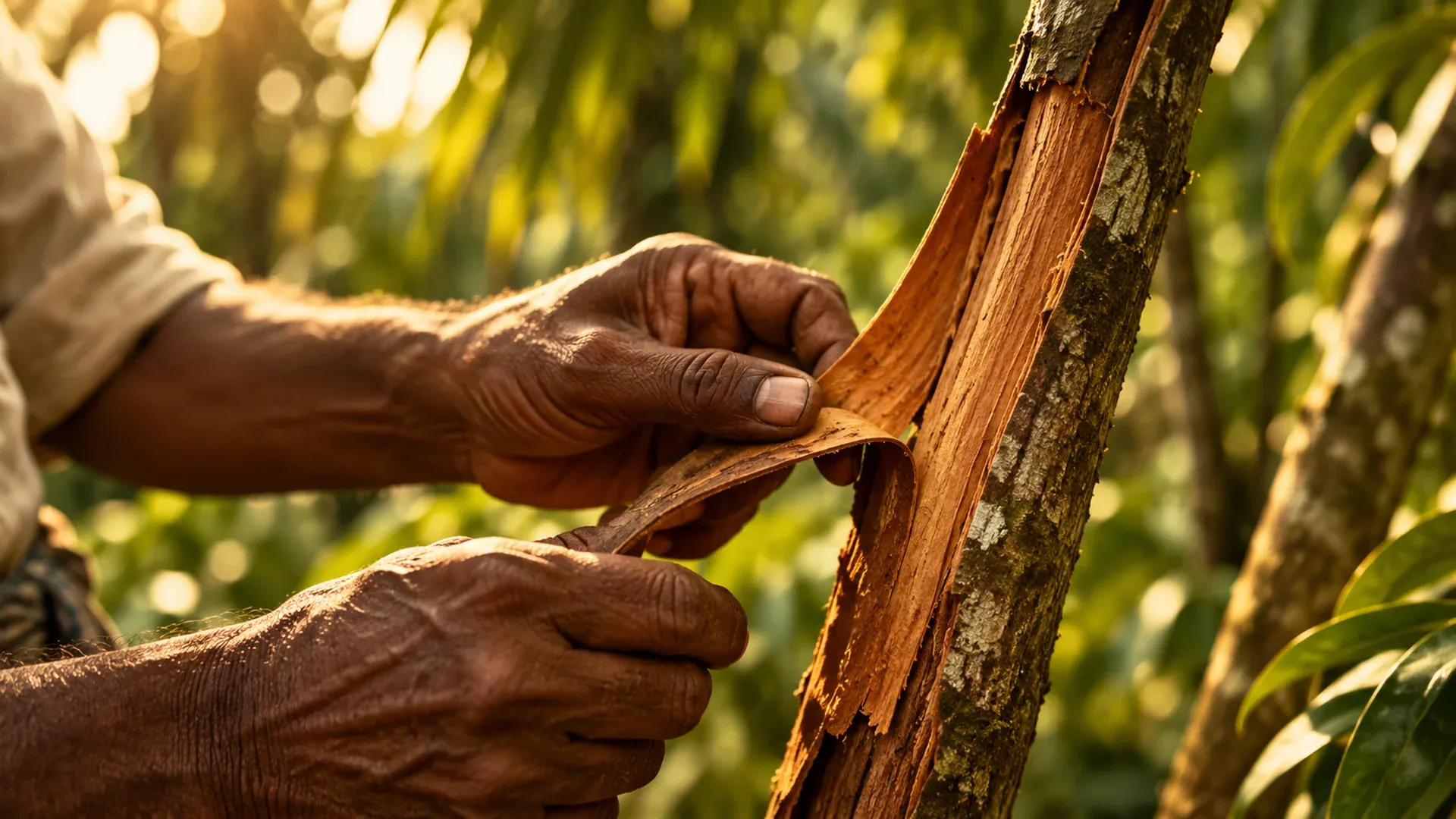 Sri Lankan farmer peeling fresh Ceylon cinnamon bark in plantation
