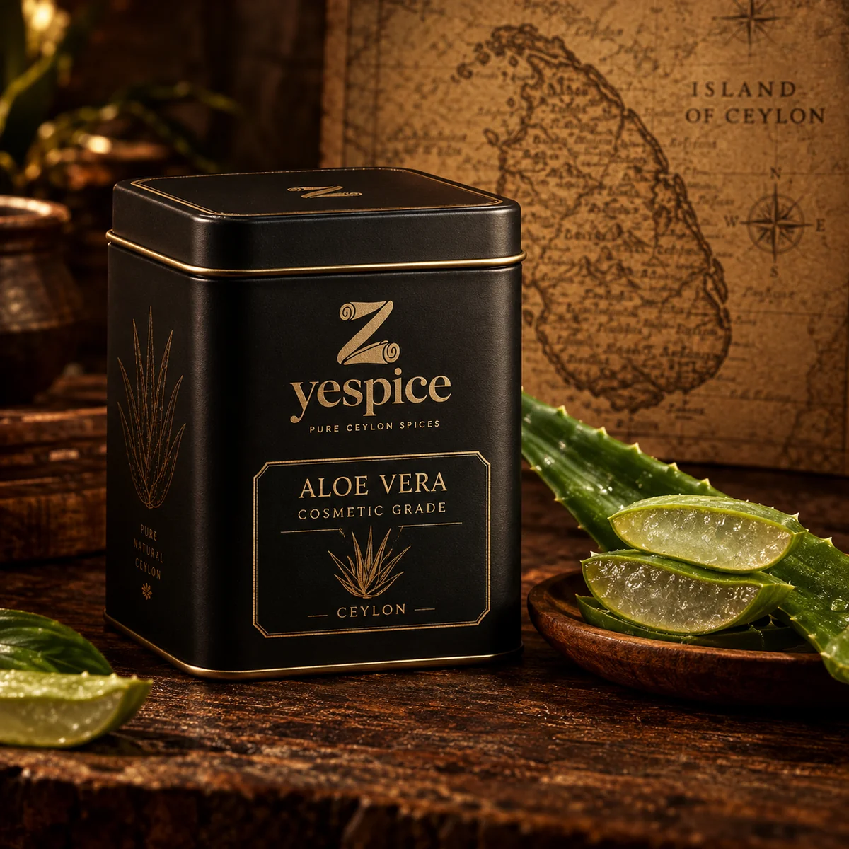 Zyespice Ceylon Aloe Vera in matte black tin with fresh aloe leaf