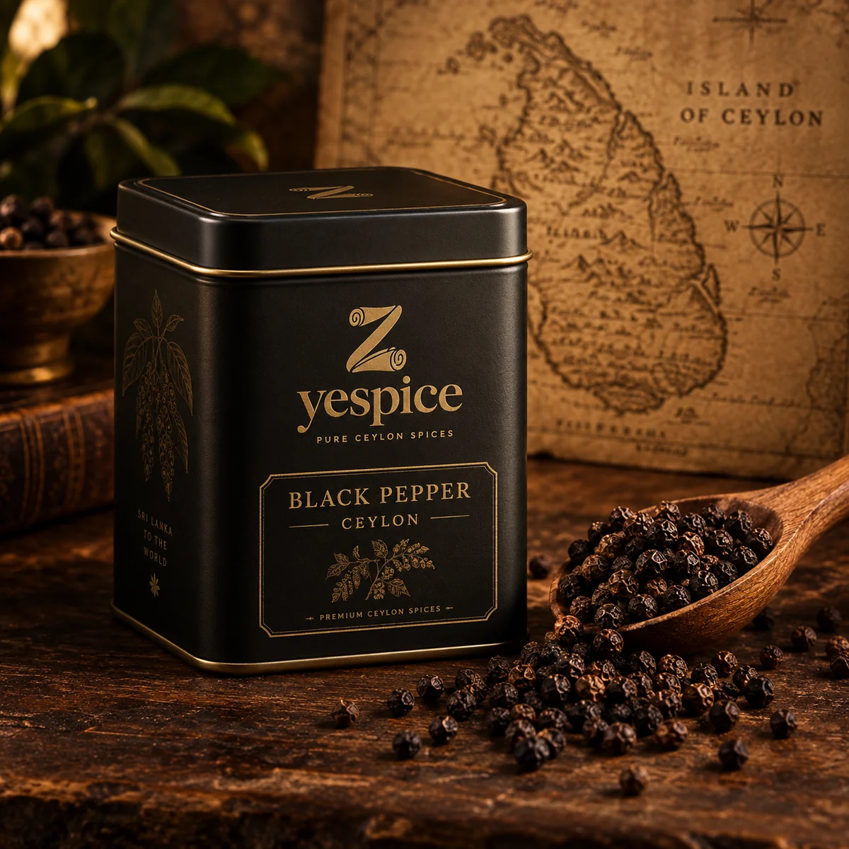 Zyespice Ceylon Black Pepper in matte black tin with wooden spoon of peppercorns