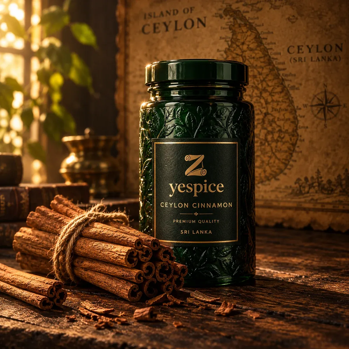 Zyespice Ceylon Cinnamon in premium dark green glass jar with cinnamon quills