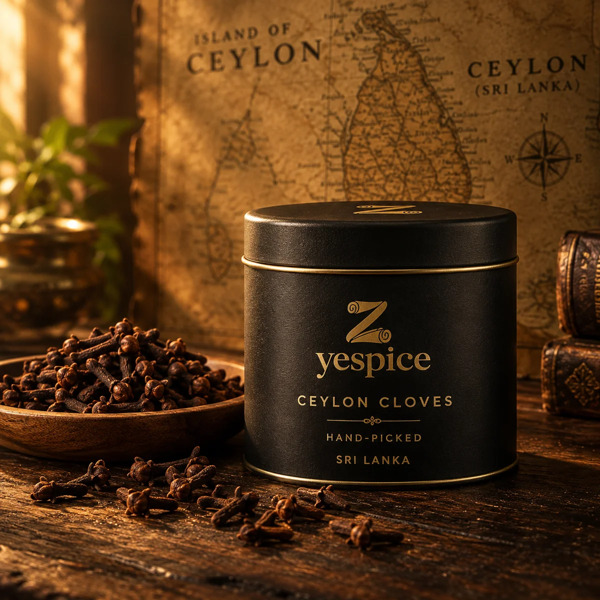 Zyespice Ceylon Cloves in matte black tin with scattered whole cloves